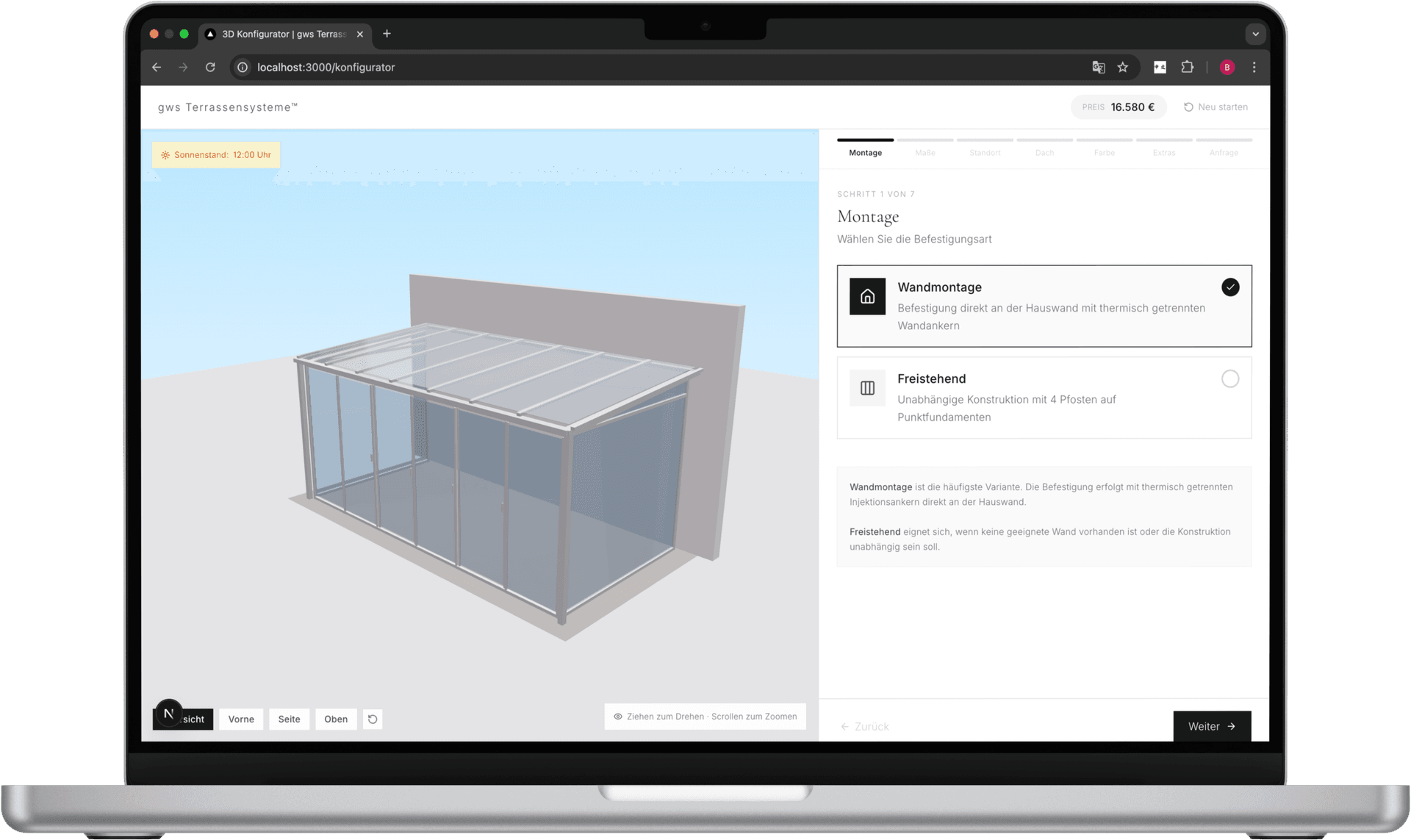 GTW Konfigurator - 3D Terrassenüberdachung konfigurieren